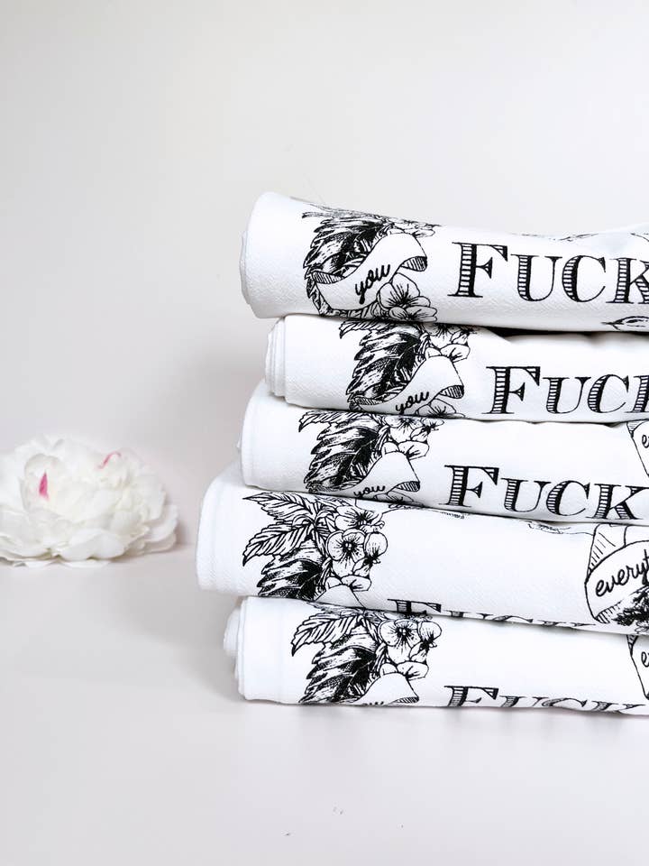 Fuck Everything - BLACK/WHITE Flowers Funny Kitchen Towel for wholesale by The Coin Laundry