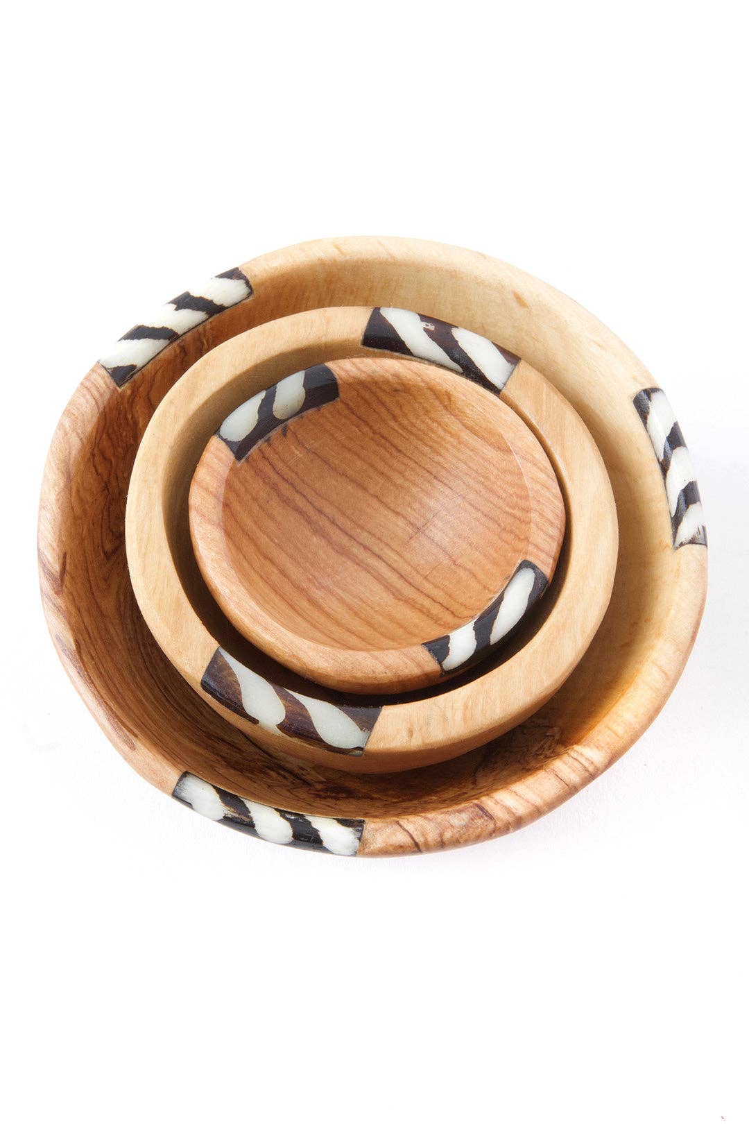 Swahili | AFRICAN MODERN - Wholesale Decorative Plate/Dish/Bowl - Set of Three Small Wild Olive Wood and Bone Bowls3