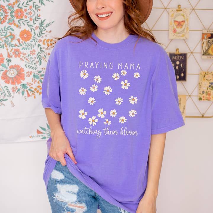 Scripted Pearl - Wholesale Screen Printed T-Shirt - Women's - Praying Mama Watching Them Bloom Daisies Comfort Colors Tee8
