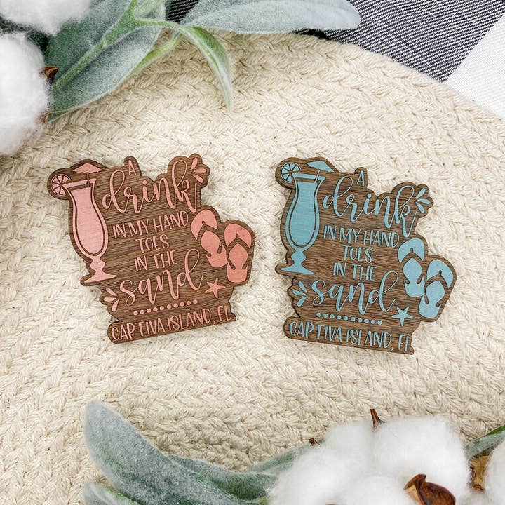 Drink in My Hand, Toes in the Sand - Wooden Magnet for wholesale by The Cottonseed Marketplace