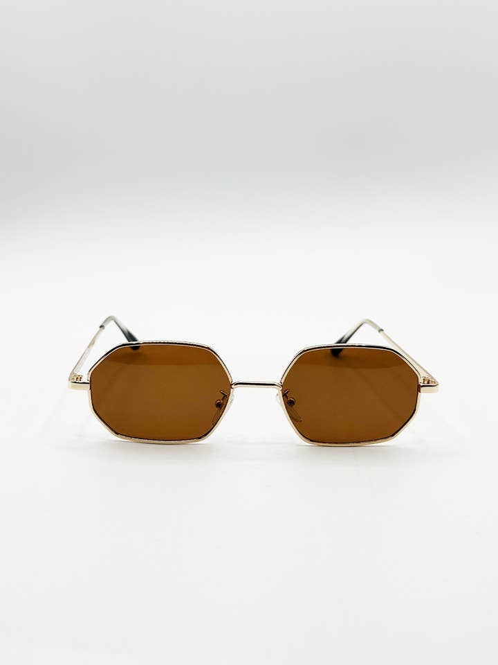 Oval Geometric Metal Frame Sunglasses in Gold Brown for wholesale by AFA COLLECTIVE