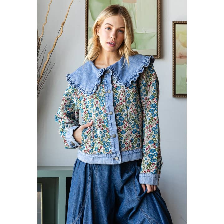 Veste en jean vintage à col volanté en jacquard pour la vente par Veveret
