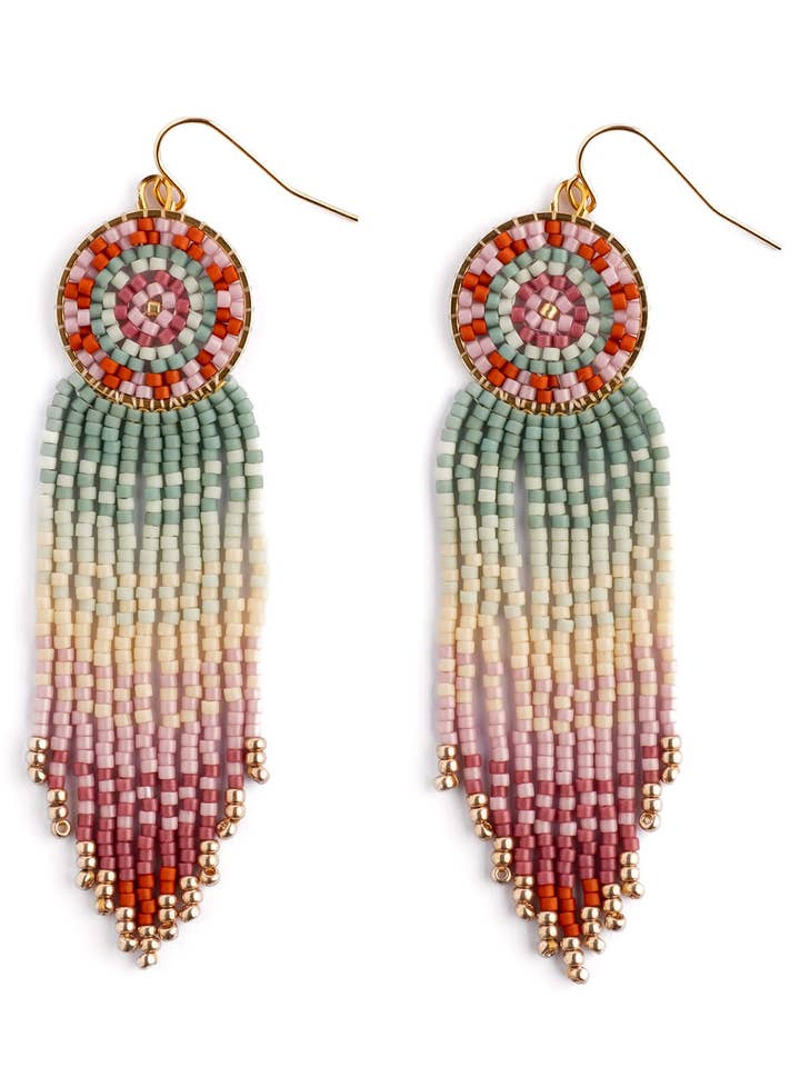 Beaded Handwoven Mandala Fringe Earring (Aqua/Lilac) for wholesale by Mayana Designs Co
