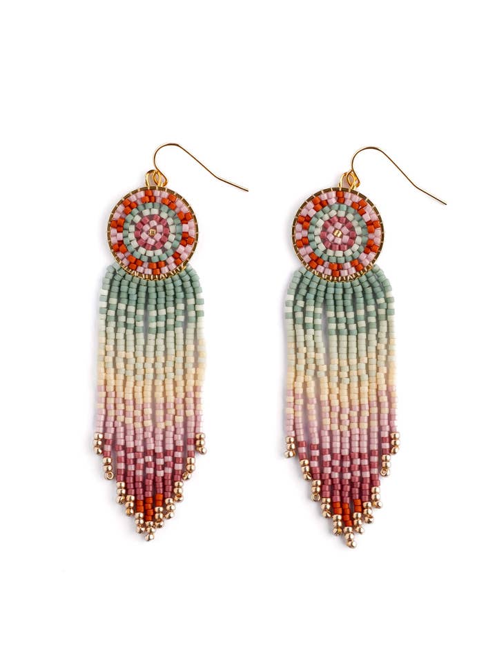 Kralen Handgeweven Mandala Fringe Oorbellen (Aqua/Lila) voor wholesale door Mayana Designs Co