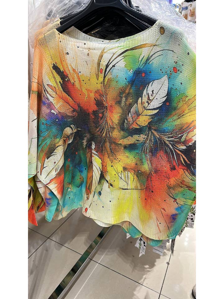 LOOWIE - Wholesale Knit Sweater - Women's - 306 Multicolor Feathers Round Knit Printed Sweater LOOWIE