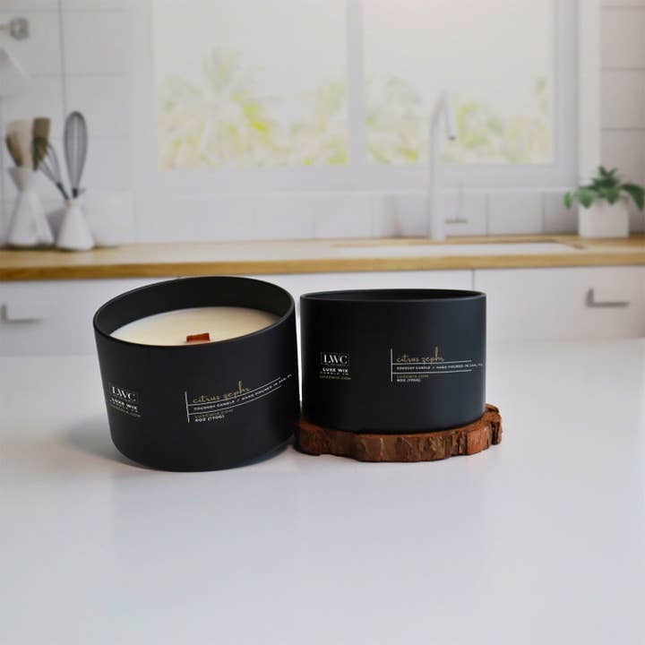 Citrus Zephr 6oz Matte Black Tin Cocosoy Candle for wholesale by Luxe Wix® Candle Co.