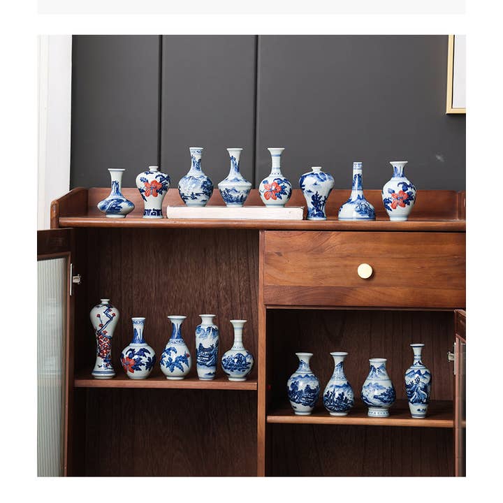 Vaso in porcellana Gohobi dipinto a mano blu e bianco (acqua e montagne) per la vendita all'ingrosso da parte di Gohobi (We cover U.S. import duties)