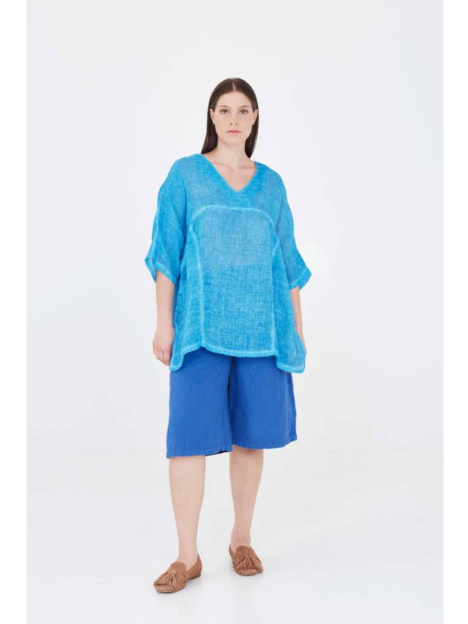 "V" Neck Linen Gauze Curve Blouse Freddo Dye for wholesale by Haris Cotton