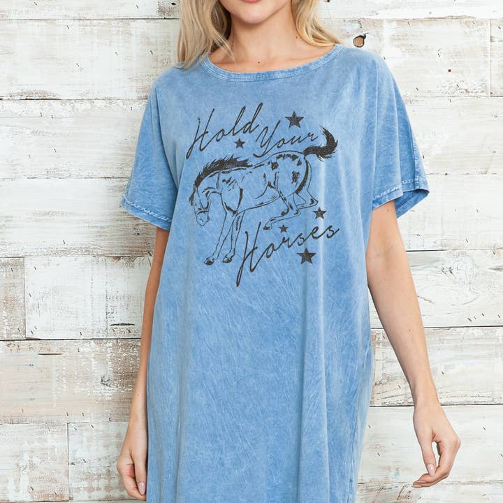 Kvinnor Häst Grafiskt Tryck Mineral Tvätt Klänning för wholesale av Amused by Blue