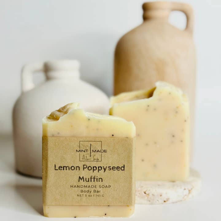 Lemon Poppyseed Muffin Soap | Handmade Exfoliating Soap for wholesale by Mint Made Artisan Soaps and Holistic Skincare