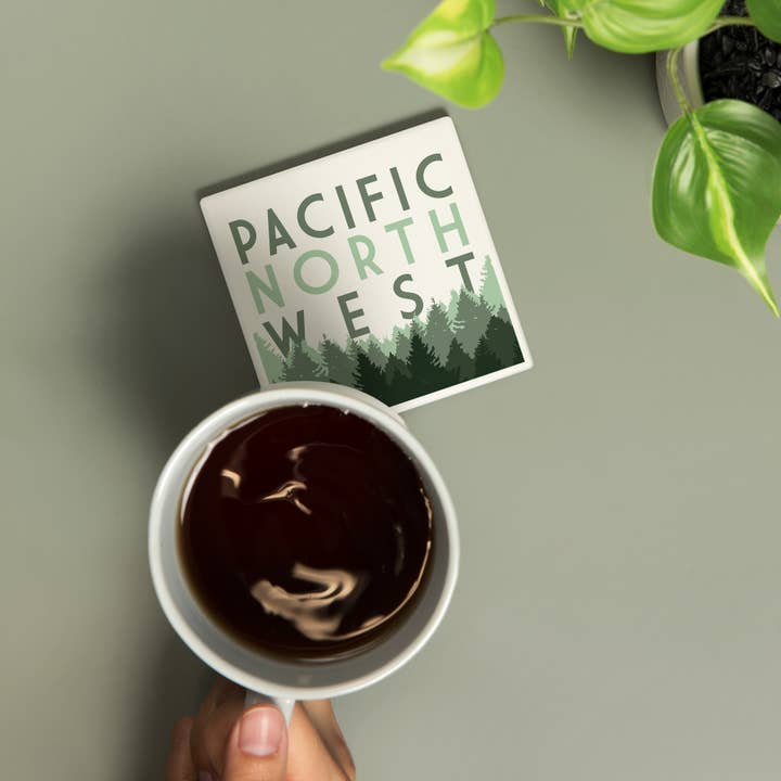 Lantern Press - Wholesale Coasters - CERAMIC COASTER Pacific Northwest Pine Trees1