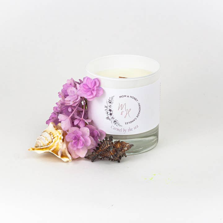 Carmel-by-the-Sea, Virgin Coconut Wax, Handmade, plum ozone cotton and light musk scent, essential and fragrance oil, 10 oz. for wholesale by Mom and Honey Handmade Co