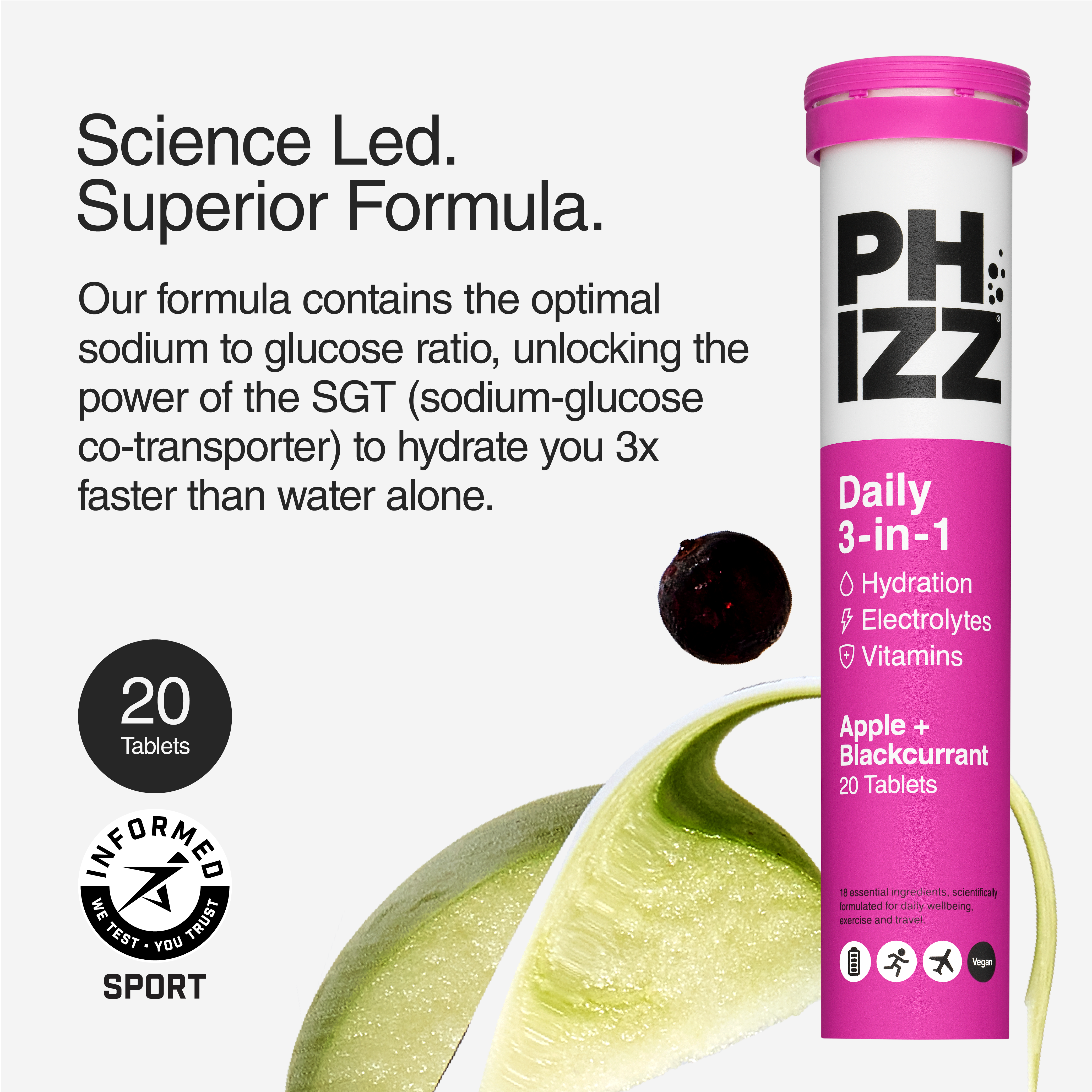 Phizz – Großhandel Nahrungsergänzungsmittel/Vitamin zum Einnehmen – Phizz 20 Brausetabletten 3-in-1 – Apfel & Schwarze Johannisbeere2