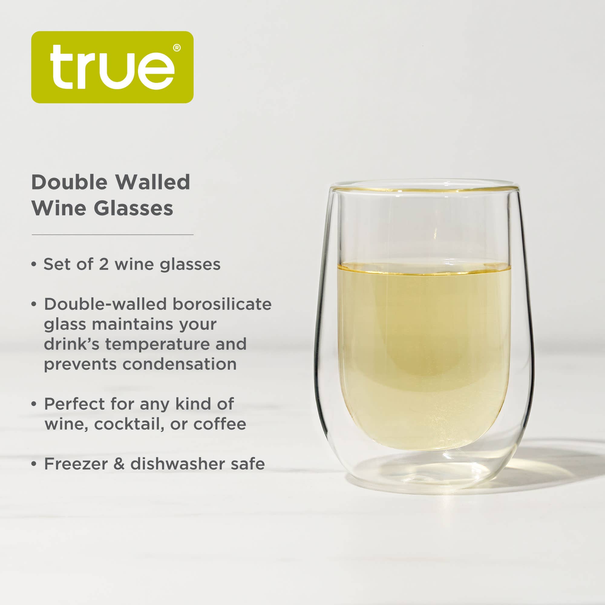 TRUE - Wholesale Wine Glass - Glass Stemless Double Walled Insulated Tumblers Set of 24