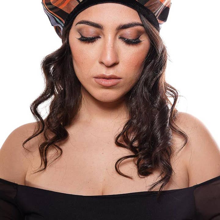 Tétè Handmade Accessories – wholesale Fashion headband – women's – Tartan wool beret orange/black/light blue variant