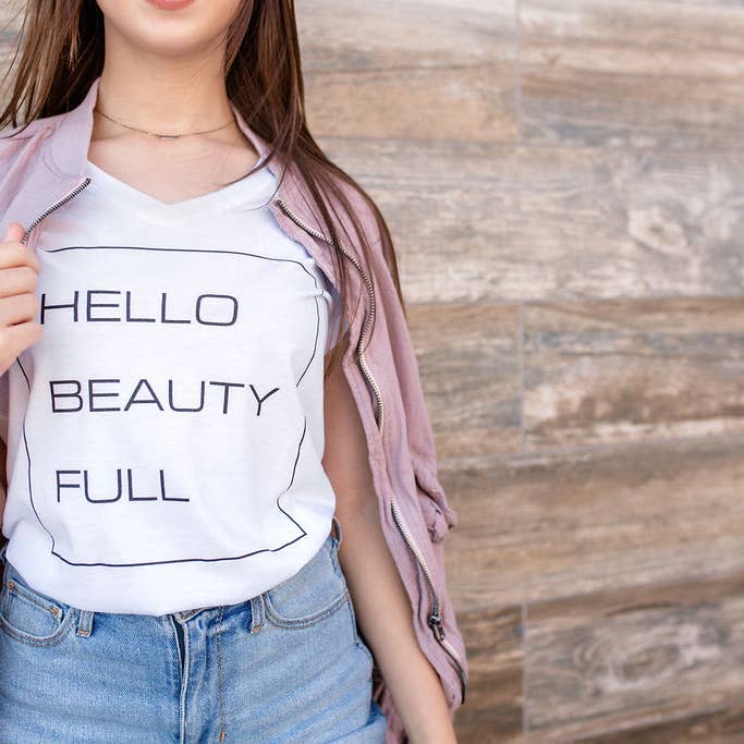 Hello Beauty Full & Co. - Wholesale Screen Printed T-Shirt - Women's - Graphic V neck T-Shirts for Women, Inspirational3
