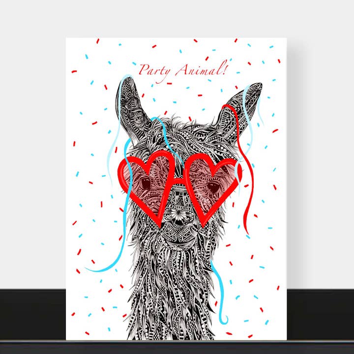 Party Llama Celebration Card for wholesale by Pia Elliot Art