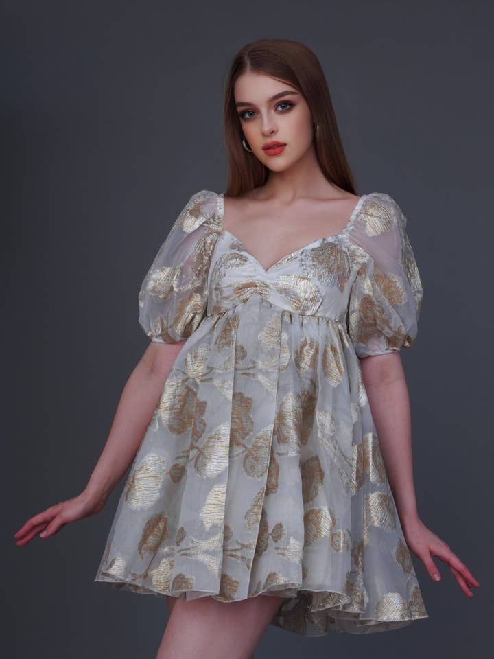 Melanie Metallic Babydoll Mini Dress in Gold Jacquard for wholesale by Lace & Beads