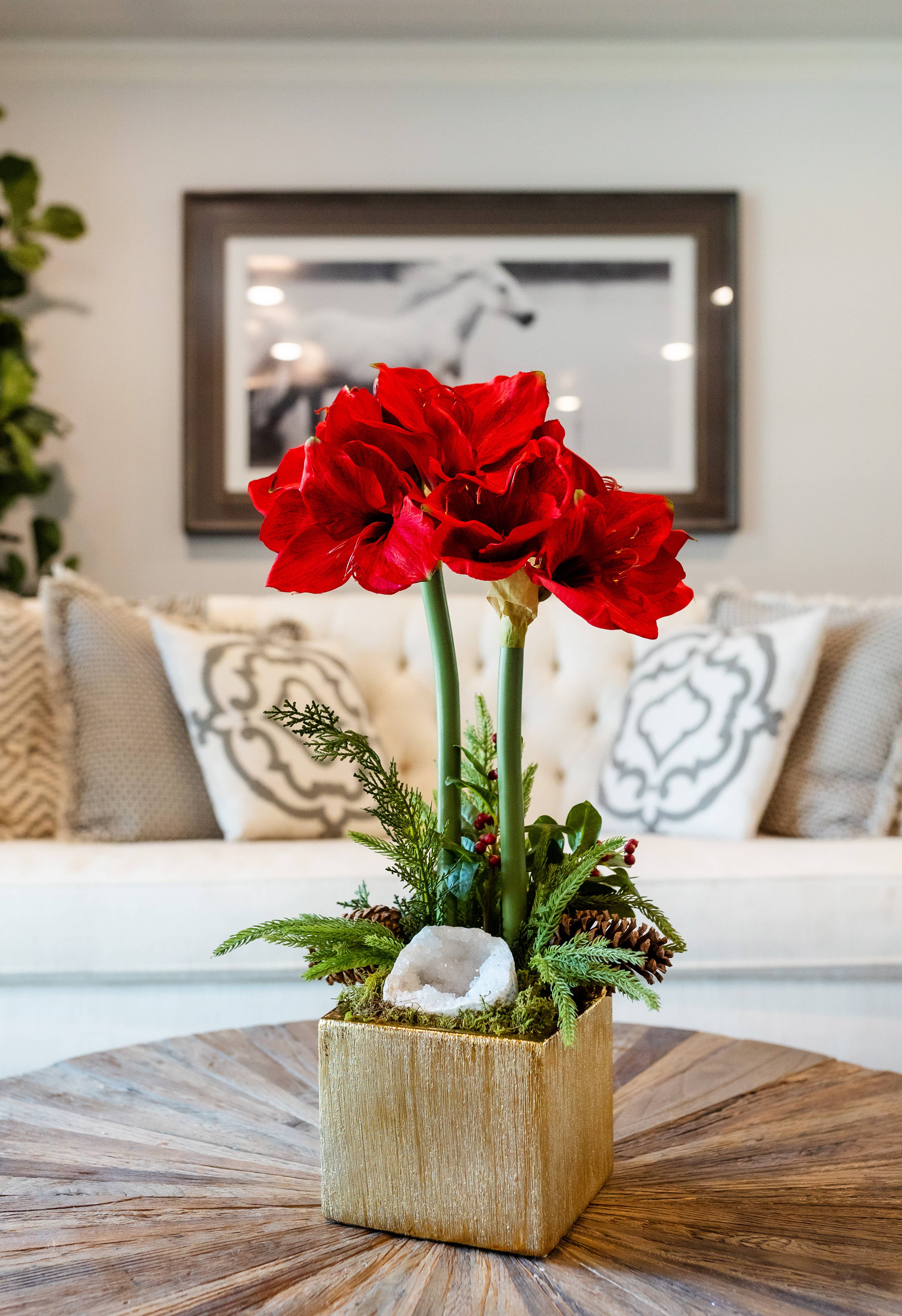 T&C Floral Company - Wholesale Artificial Flowers - White Double Amaryllis Holiday Arrangement1