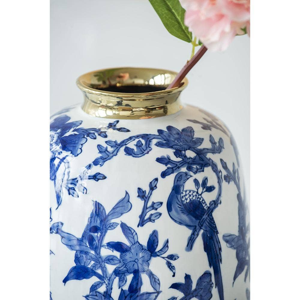 A&B Home Group Inc. - Wholesale Vase - D7.5x10.5" Blue & White Chinoiserie Vase w/ Gold Accents2