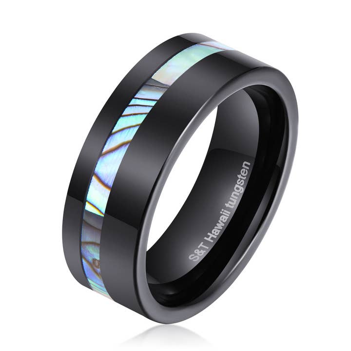 Hawaiian Black Tungsten Ring With Abalone Shell Inlay for wholesale by S&T Collections