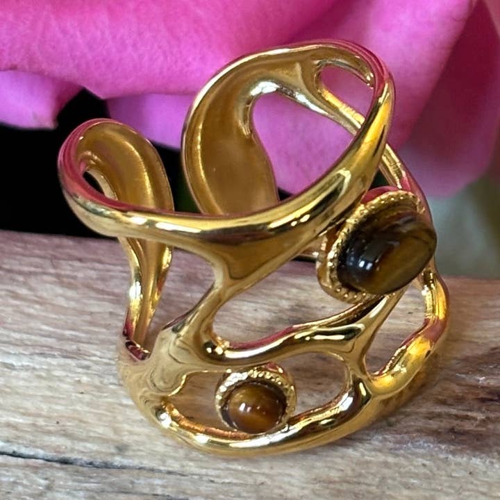 18ct Gold Plated Adjustable Tiger's Eye Cage Ring for wholesale by Ocean Ripples