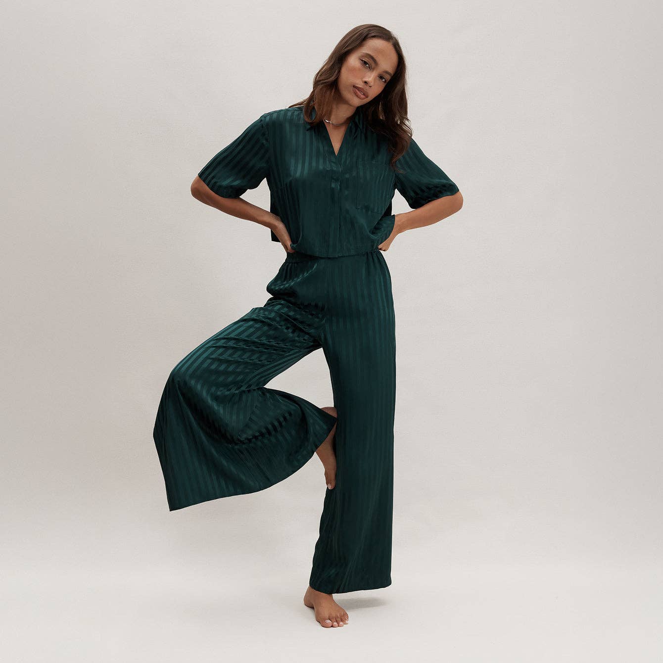 Washable Silk Striped Jacquard High Rise Pant Set for wholesale on Faire4