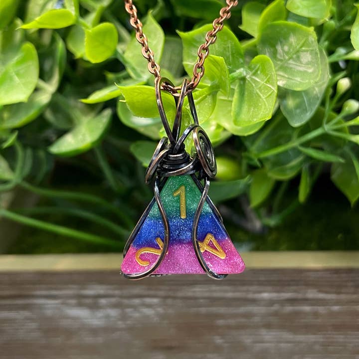 Wire Wrapped Pyramid Dice Pendant- Random Color/Pattern, DnD Necklace for wholesale by Handmade by Marlayna