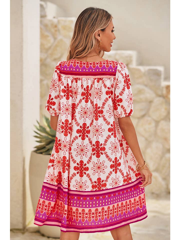 Rose LDC Boho Floral Short Sleeve Lace-up V Neck Mini Dress for wholesale on Faire