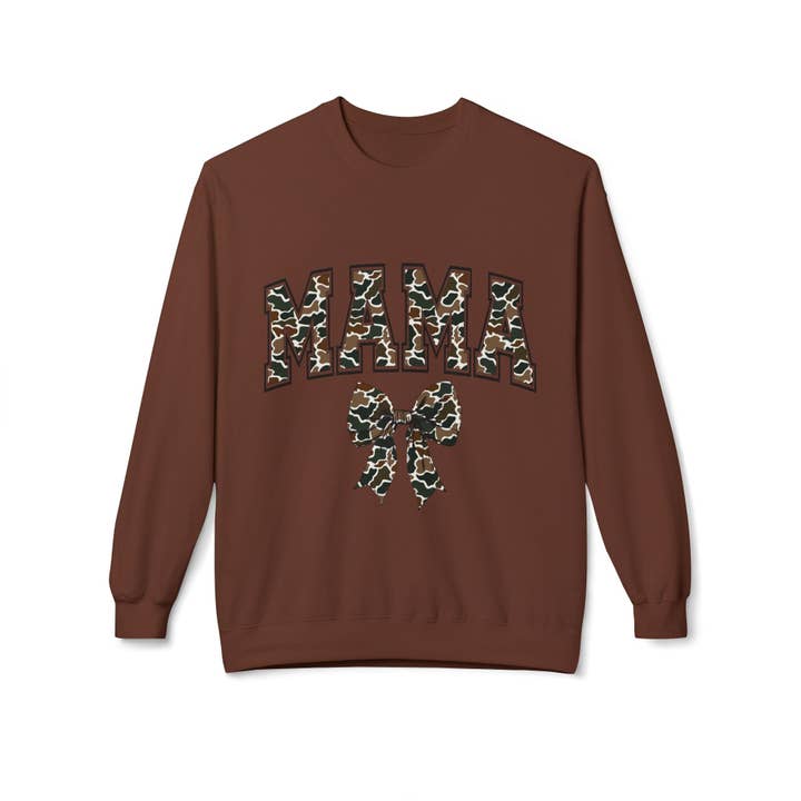 Mama Old Camo Bow Coquette Women's Crewneck Sweatshirt for wholesale by Grassy Creek Designs