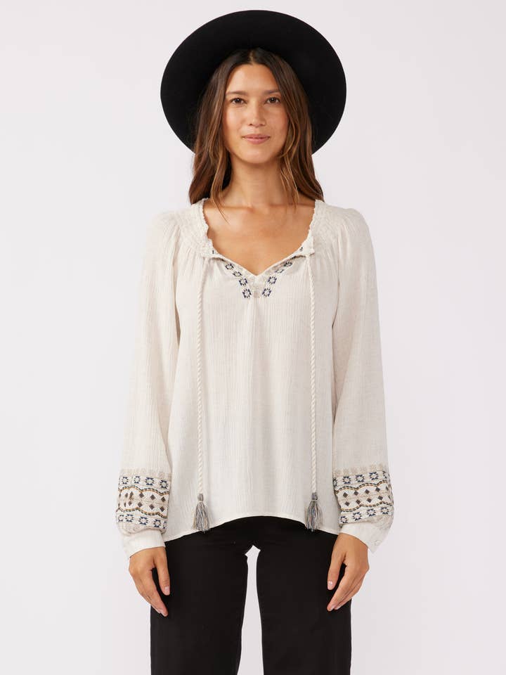 Embroidered Long Sleeve Tassel Tie Neck Blouse for wholesale by Lovestitch