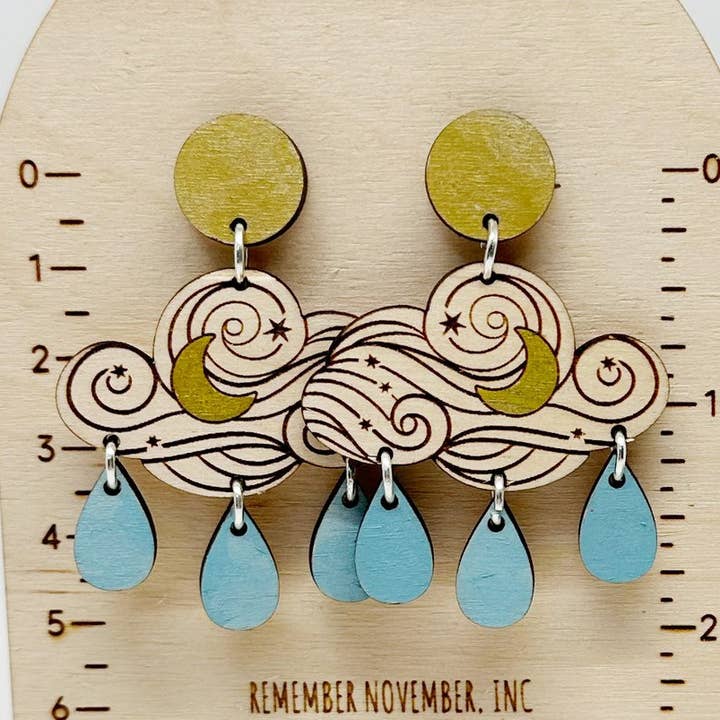 Rain Cloud Earrings Wood Handmade Laser Cut Statement for wholesale by Remember November, Inc