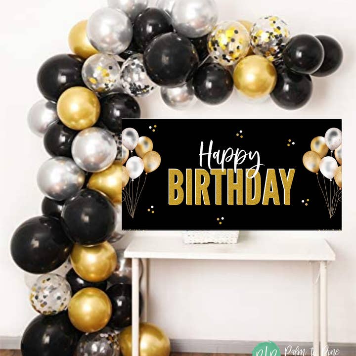 Palm to Pine Design - Wholesale Party Sign/Banner - Black and Gold Happy Birthday Banner, Printed on Vinyl2