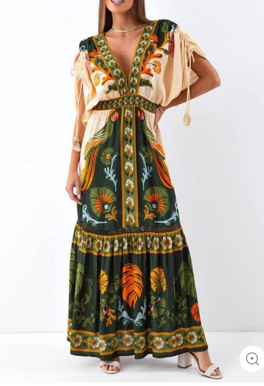 Green Vintage V-Neck Boho Floral Print Short Sleeves Dress JRM131 for wholesale on Faire1