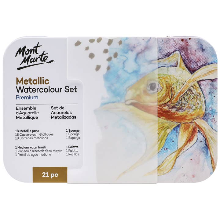 Mont Marte Usa, Inc. - Wholesale Watercolor Paint - Metallic Watercolor Cake Set in Tin Premium 21pc
