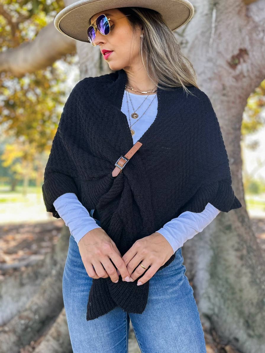 Classic Black Triangle Ruffle Shawl with Faux Leather Buckle for wholesale on Faire5
