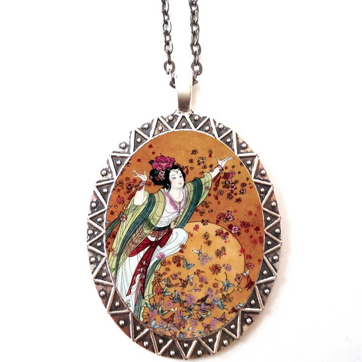 Chinese Butterfly Woman Necklace Pendant Silver Tone - Butterflies Whimsical Asian Art for wholesale by FringePop