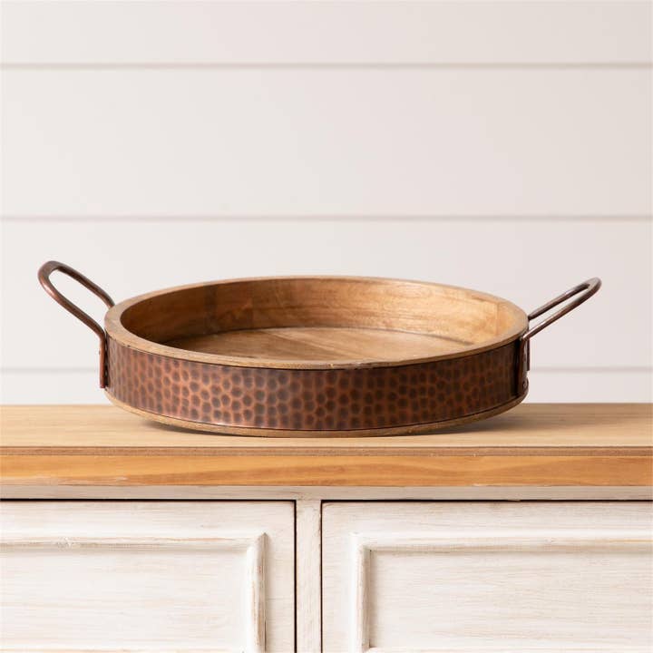 Audrey's Home & Gift - Wholesale Decorative Tray - Tray - Round Wood With Dimpled Copper (PC)