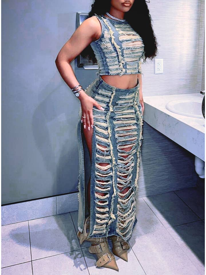 Blue Fashionable Denim Ripped Vest Slit Skirt Two-Piece Set for wholesale on Faire