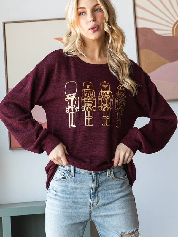 DK BURGUNDY ET7712-10 LONG PUFF SLEEVE ROUND NECK SOLID TOY SOLDIER PRIN for wholesale on Faire