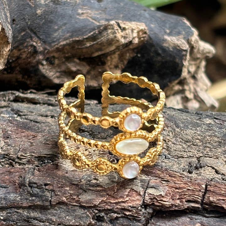 18ct Gold Plated Mother Of Pearl Triple Band Adjustable Ring for wholesale by Ocean Ripples