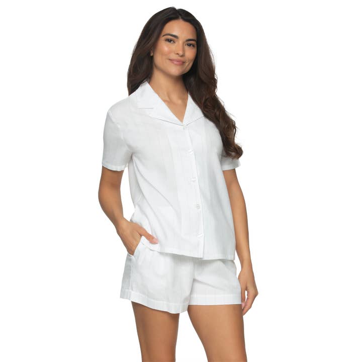 Mirielle Cotton Twill S/S Top & Shorts PJ Set - White w Gray for wholesale on Faire