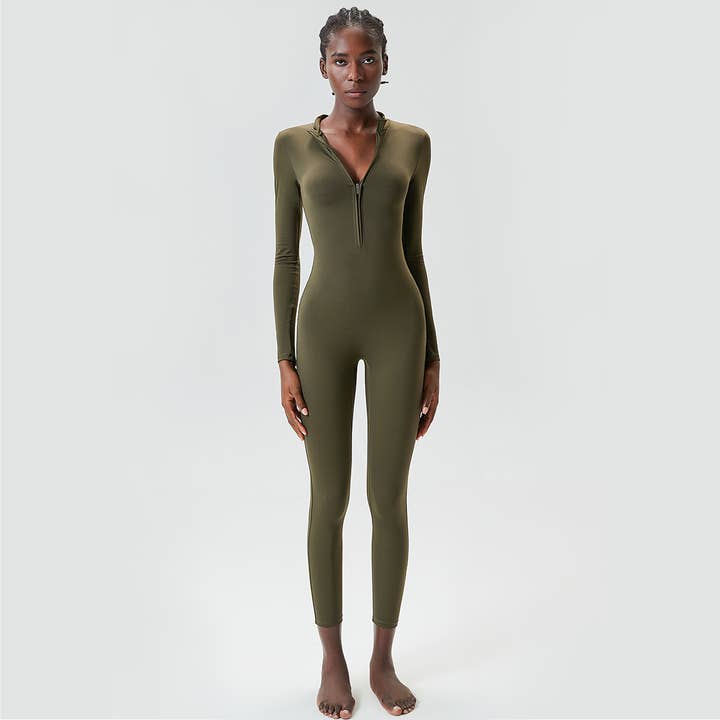 Sodalemon - Wholesale Jumpsuit - Women's - Front Half Zipper Yoga Solid Color Fitness Sports Jumpsuit
