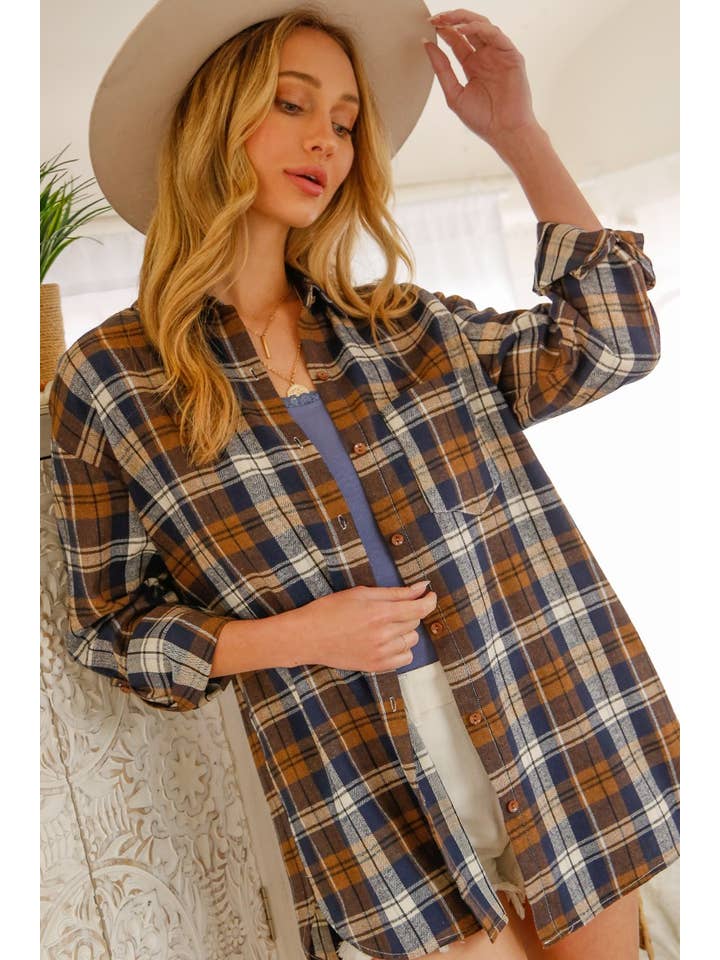 Vine & Love - Wholesale Button Down Shirt - Women's - Collared Pocket Detail Plaid Shirts Top VT50206Q