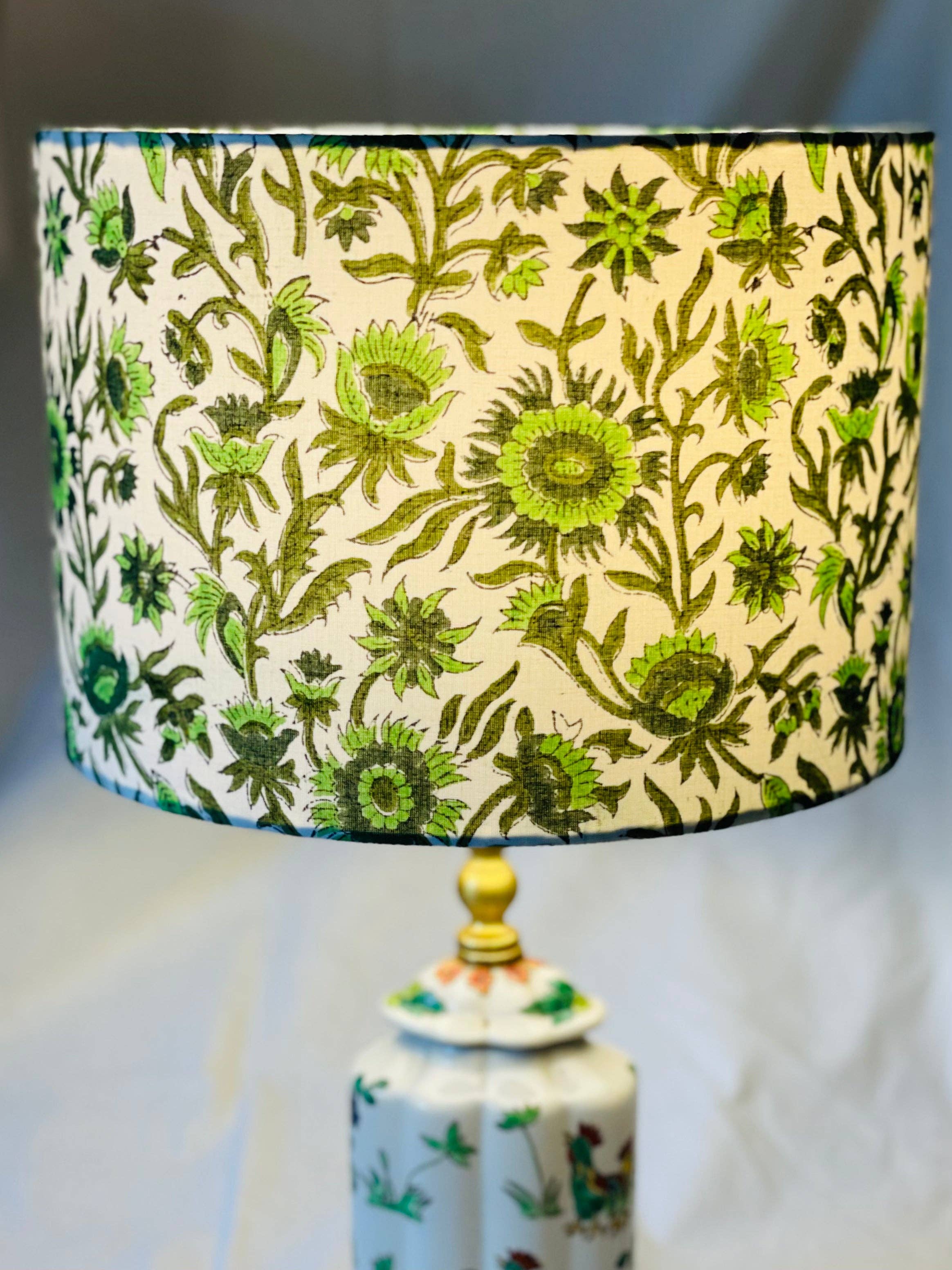 Olive and Limpet – wholesale Lampshade – 10 inch Drum Lampshade. Indian Block print from Jaipur. Pistachio, Olive Green, and Avocado Floral Motif.3