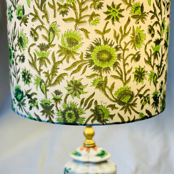 Olive and Limpet – wholesale Lampshade – 10 inch Drum Lampshade. Indian Block print from Jaipur. Pistachio, Olive Green, and Avocado Floral Motif.3