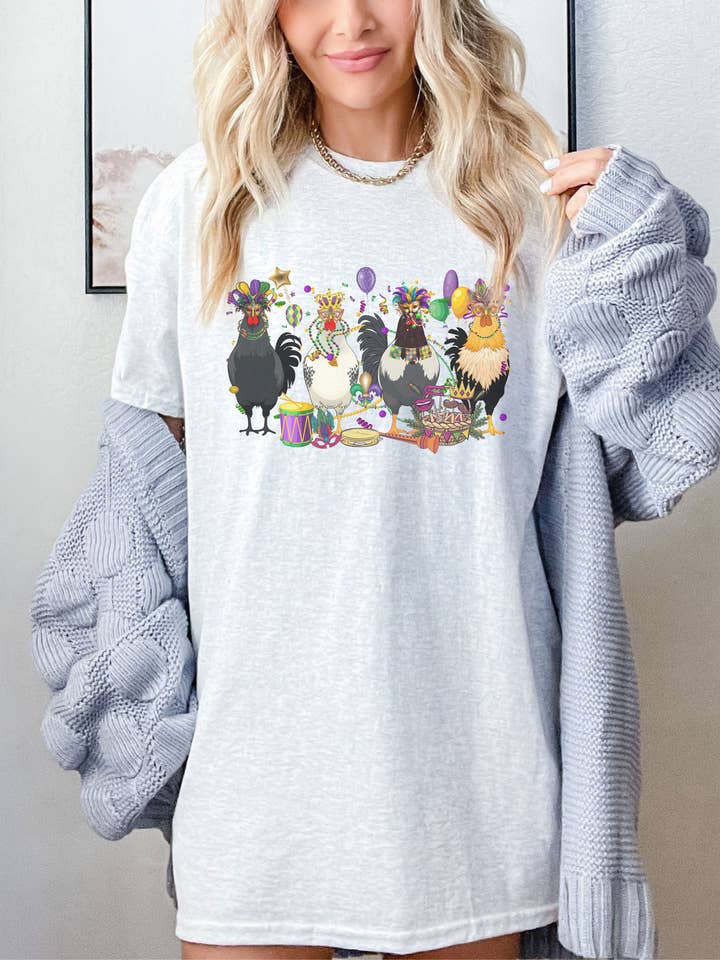 SONDO DESIGN LTD – wholesale Tunic – Women’s – Mardi Gras Chickens Shirt, Mardi Gras Farm Animal Tshirt