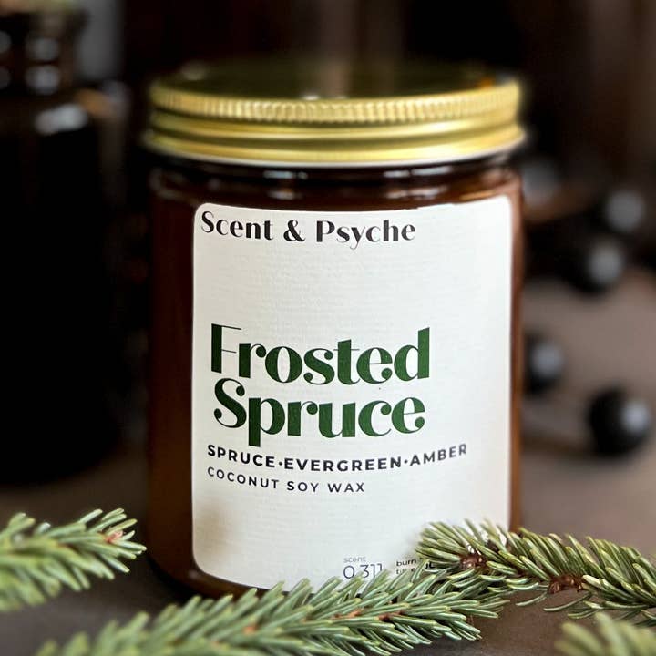 Frosted Spruce Scented Candle - 7oz Amber Jar for wholesale by Scent & Psyche