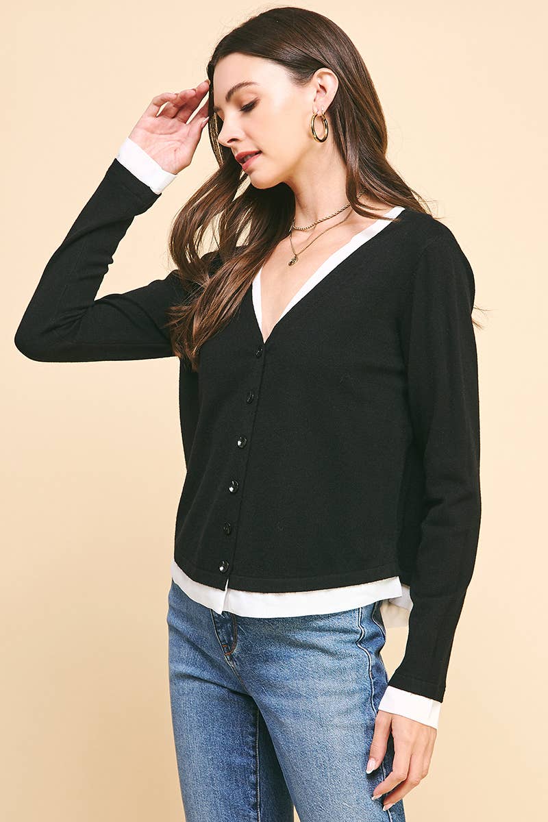 PINCH - Wholesale Knit Top - Women's - V-NECK WOVEN COMBO CARDIGAN TOP - 5831W7