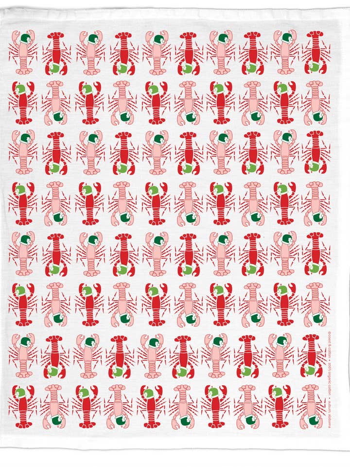 Lobsters in Santa Hats, Organic Cotton Tea Towel - Holiday for wholesale by Coast & Cotton